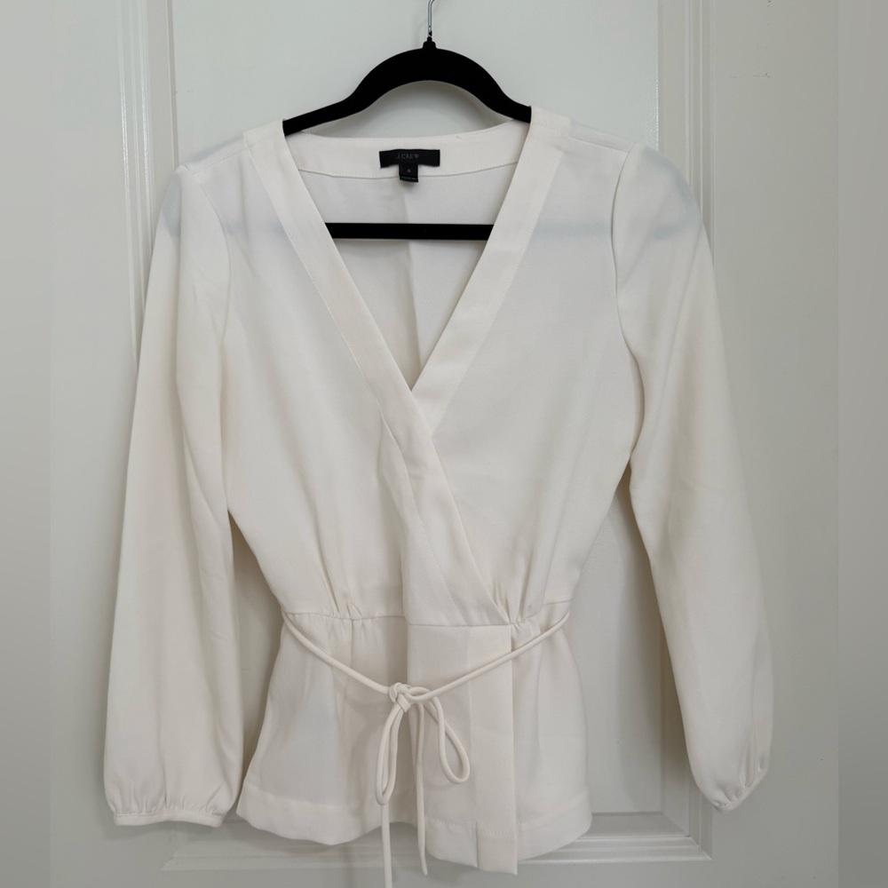 J. Crew Cream Wrap Blouse with V-Neck and Long Sleeves